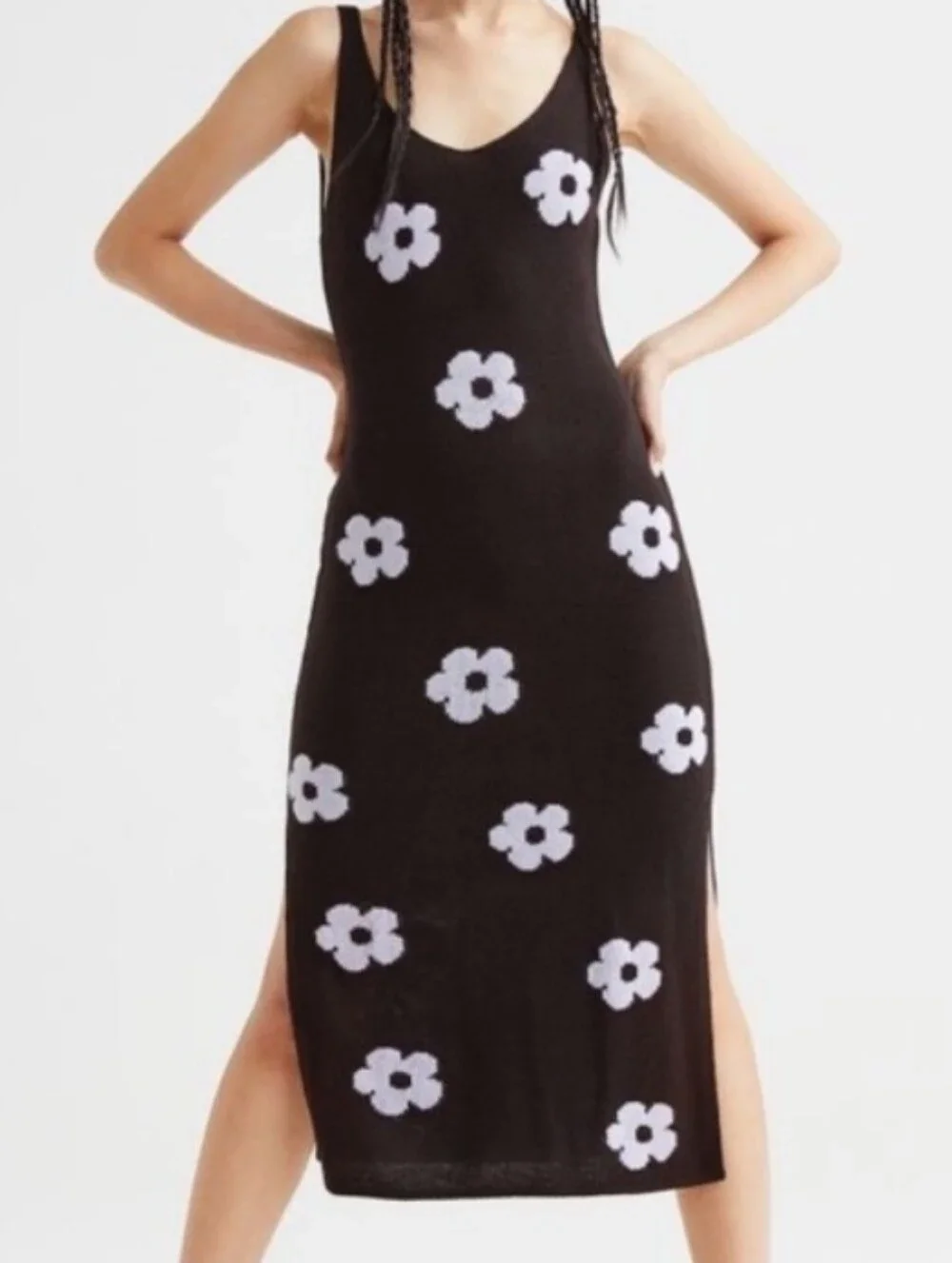 H&M Black Knit Dress with White Floral Appliqué